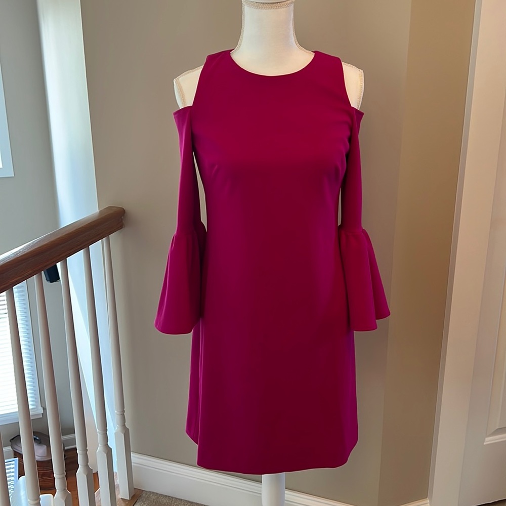Eliza J Beautiful, fuchsia dress. Cut out shoulders, gold zipper back,size 4